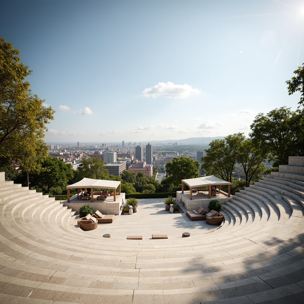 Prompt: Sleek amphitheater design, stepped seating arrangement, modernist architecture style, curved lines, minimalist aesthetic, polished concrete floors, cantilevered roofs, panoramic city views, lush greenery surroundings, warm sunny day, soft natural lighting, shallow depth of field, 1/2 composition, low-angle shot, realistic textures, ambient occlusion.