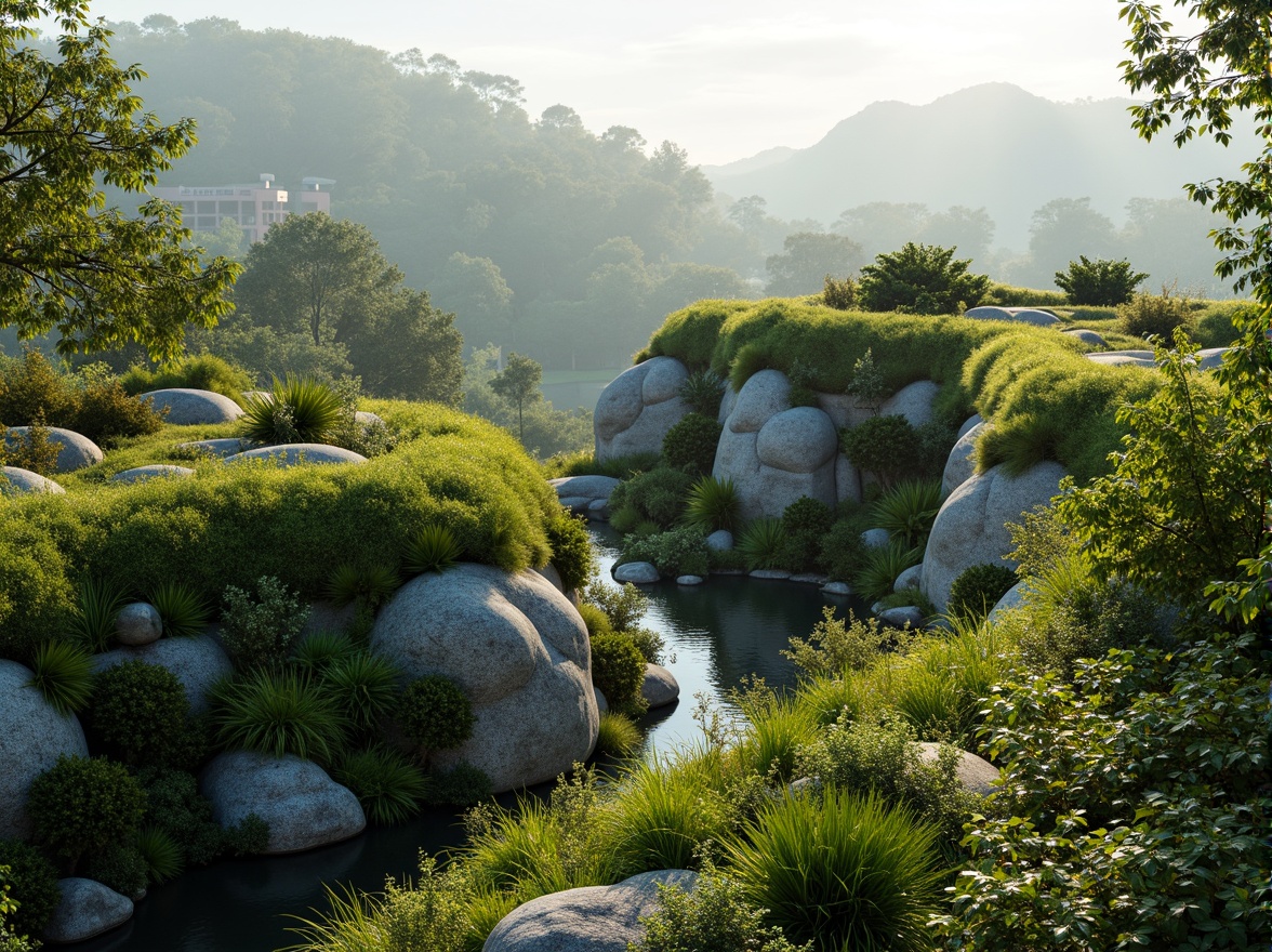 Prompt: Seamless landscape integration, lush green roofs, native plant species, natural stone walls, curved architecture, sustainable design, eco-friendly materials, organic forms, blurred boundaries, scenic vistas, misty mornings, soft warm lighting, shallow depth of field, 1/1 composition, panoramic view, realistic textures, ambient occlusion.