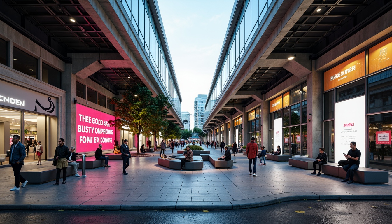 Prompt: Vibrant bus station, urban landscape, concrete structures, steel beams, glass roofs, modern architecture, bright color scheme, bold typography, dynamic LED displays, futuristic seating areas, sleek metal benches, durable flooring, industrial-style lighting fixtures, urban cityscape, busy streets, morning commute, warm natural light, shallow depth of field, 1/2 composition, realistic textures, ambient occlusion.