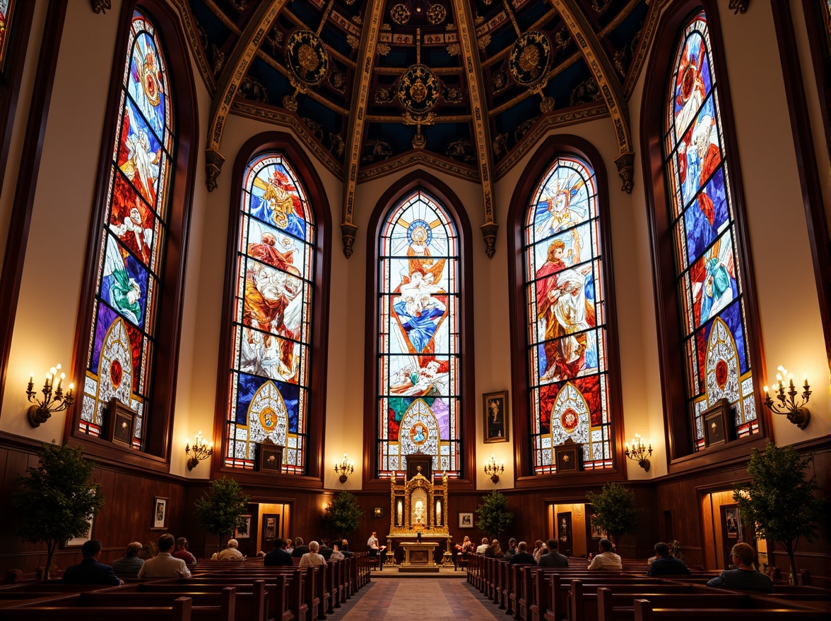 Prompt: Vibrant stained glass windows, Art Deco church architecture, ornate facades, geometric patterns, kaleidoscope colors, intricate details, luxurious materials, opulent interior design, grandiose chandeliers, majestic altarpieces, spiritual ambiance, soft warm lighting, shallow depth of field, 1/1 composition, symmetrical view, realistic textures, ambient occlusion.