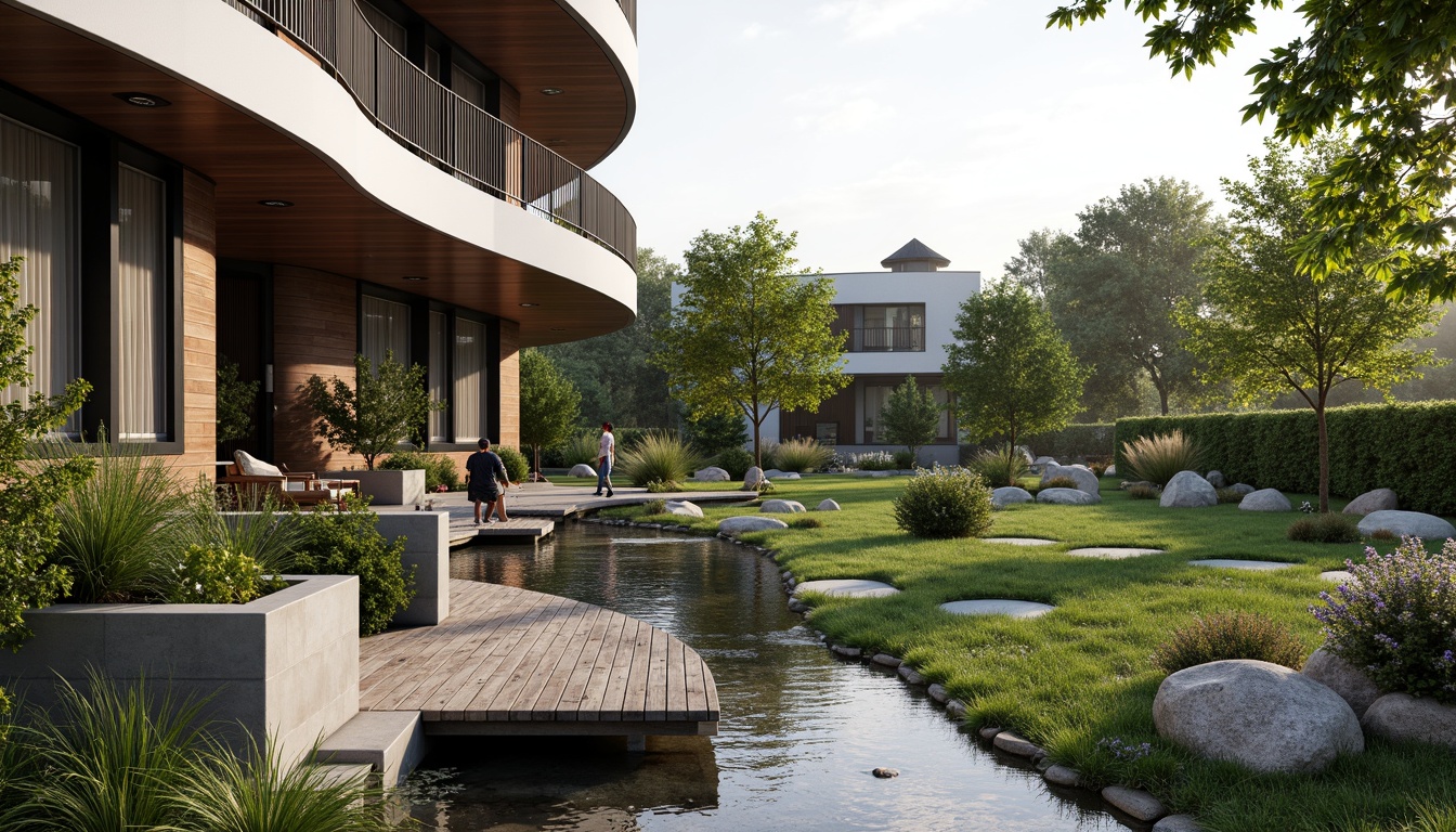 Prompt: Curved modern homes, sleek metal accents, large windows, minimalist design, lush greenery, natural stone walkways, meandering streams, tranquil water features, ornamental bridges, vibrant flowering plants, native grasses, weathered wood decks, cantilevered roofs, dramatic overhangs, shallow depth of field, 1/1 composition, soft warm lighting, realistic textures, ambient occlusion.