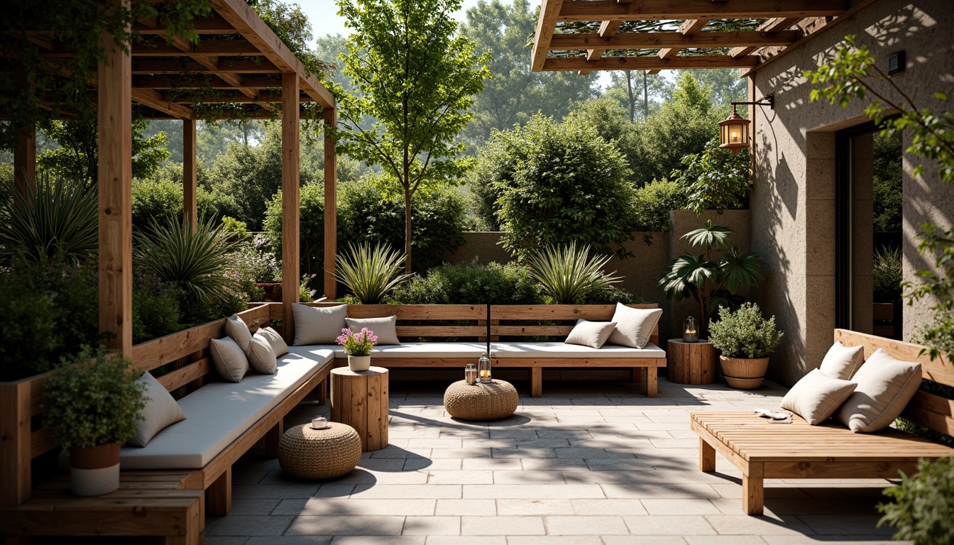 Prompt: Cozy outdoor seating area, reclaimed wood benches, plush cushions, warm lanterns, lush greenery, natural stone flooring, metal pergola, vibrant flower arrangements, soft background music, aromatic coffee scents, warm sunny day, gentle breeze, dappled shade, 1/1 composition, intimate atmosphere, rustic textures, ambient occlusion.