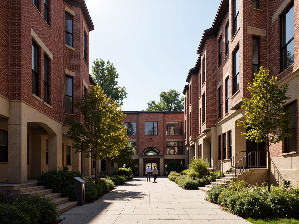 Prompt: Traditional brick buildings, rustic red brick walls, weathered stone foundations, ornate brick arches, grand entranceways, vibrant greenery, educational signage, modernized classic architecture, large windows, natural light, shallow depth of field, 3/4 composition, warm sunny day, soft diffused lighting, realistic textures, ambient occlusion.