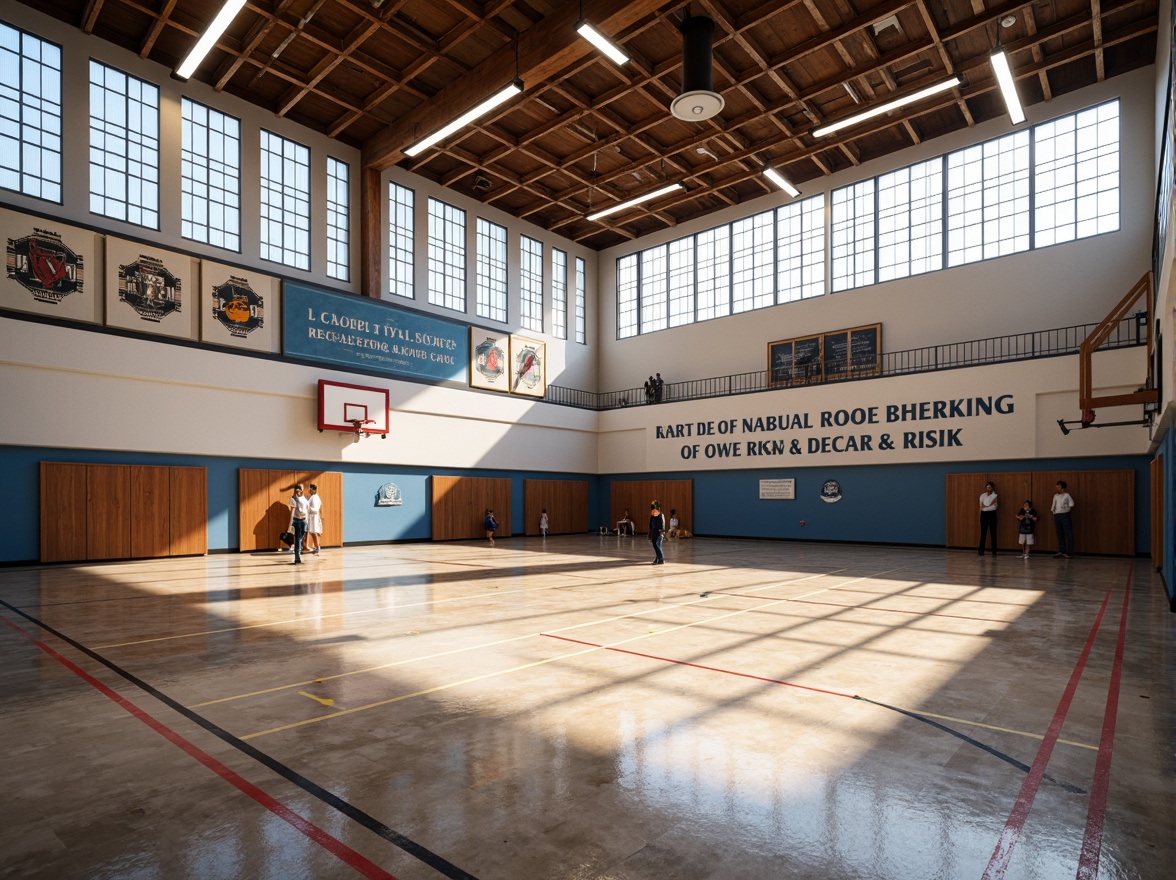 Prompt: Modern gymnasium interior, high ceiling, large windows, natural daylight, suspended LED lights, warm color temperatures, energy-efficient solutions, motion sensors, dimmable lighting systems, polished concrete floors, wooden sports equipment, vibrant team colors, motivational quotes, athletic track lines, mirrored walls, state-of-the-art sound systems, dynamic ambiance, 1/2 composition, softbox lighting, subtle shadows, realistic reflections.