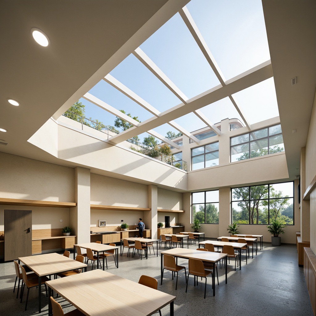 Prompt: Spacious classrooms, large windows, clerestory roofs, skylights, translucent panels, reflective ceilings, light-colored walls, minimal obstructions, open floor plans, green roofs, solar tubes, prism-like structures, diffused lighting, warm color tones, soft shadows, 1/1 composition, shallow depth of field, natural textures, ambient occlusion.