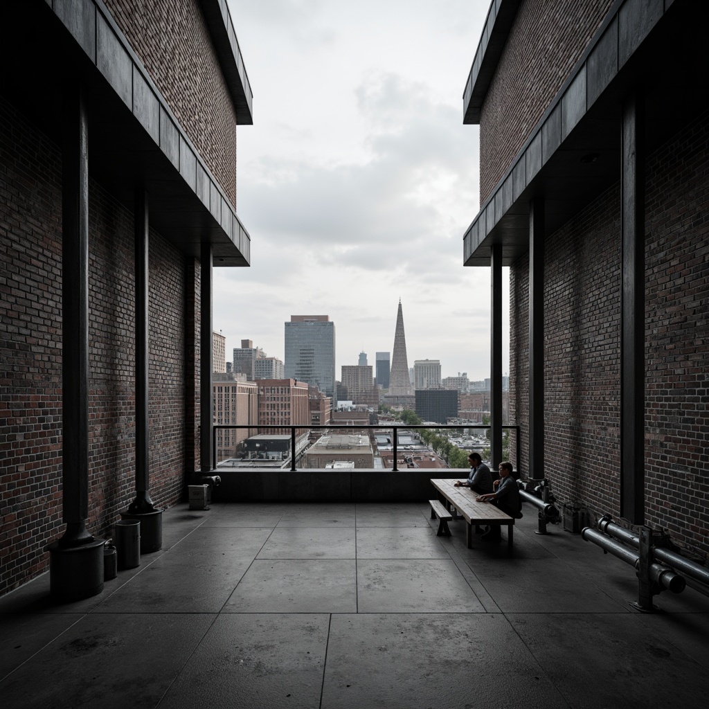 Prompt: Exposed brick walls, industrial metal beams, functional pipes, minimalist decor, monochromatic color scheme, geometric shapes, clean lines, modernist architecture, urban cityscape, cloudy grey sky, dramatic shadow lighting, high contrast, 1/2 composition, symmetrical framing, realistic metallic textures, ambient occlusion.