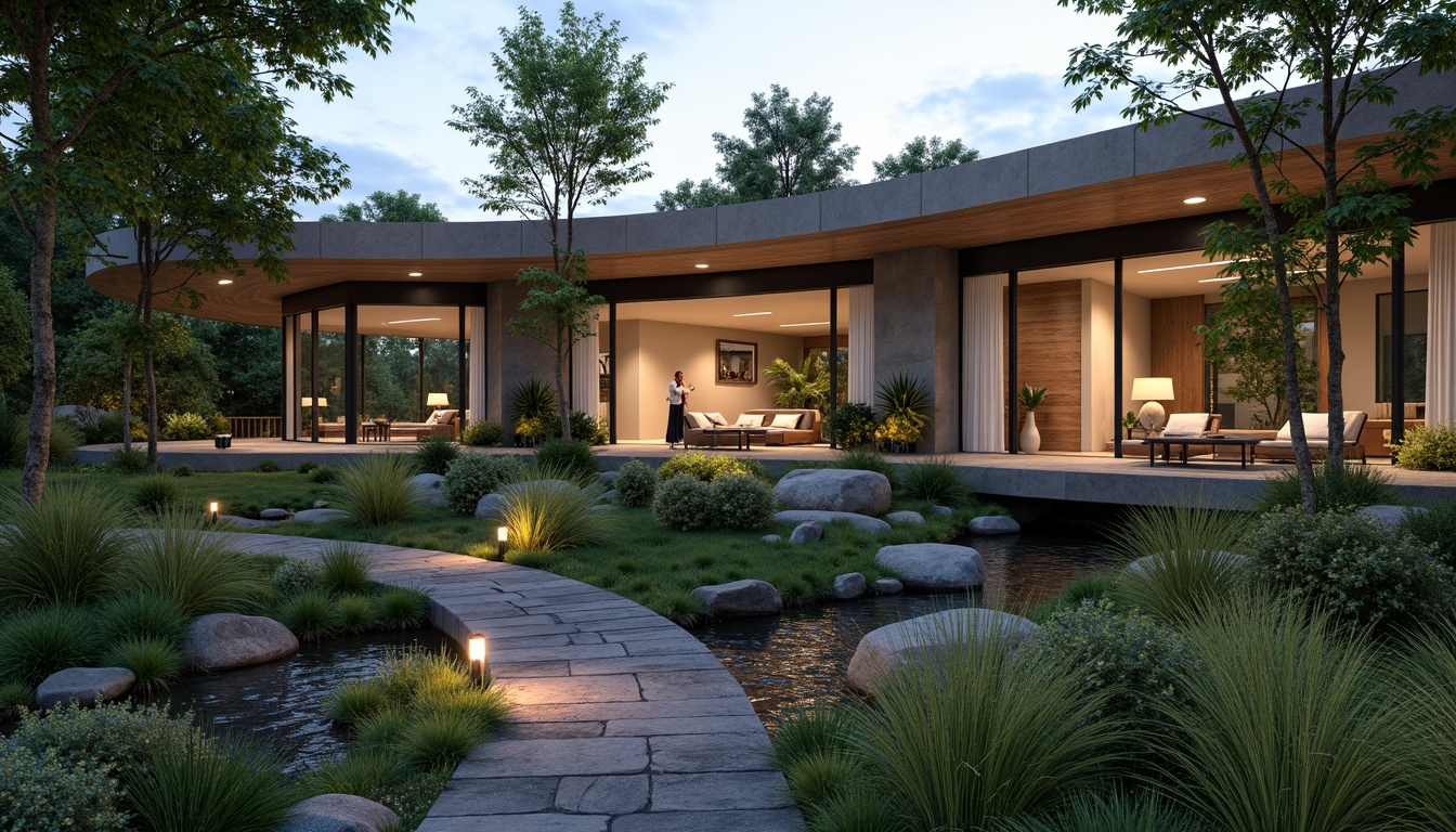 Prompt: Curved modern home facade, large windows, sliding glass doors, minimalist exterior design, lush greenery, native plants, natural stone pathways, meandering stream, serene water features, wooden bridge, outdoor seating areas, weathered wood accents, subtle lighting, warm ambient glow, shallow depth of field, 1/2 composition, soft focus, realistic textures, atmospheric mist.