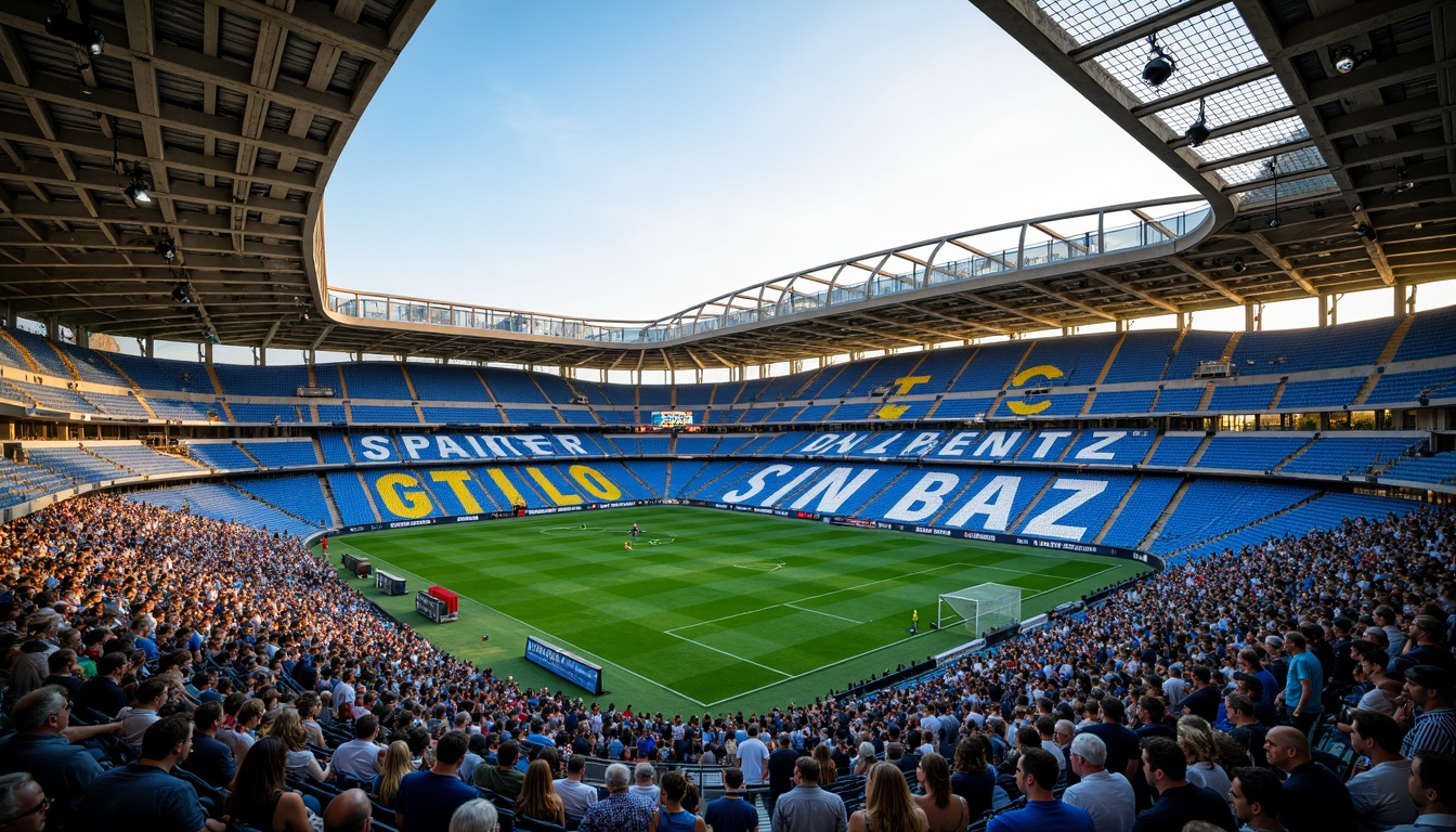 Prompt: Vibrant sports stadium, dynamic seating area, electric blue and green accents, bold typography, modern architecture, sleek metal beams, transparent glass facades, lively atmosphere, energetic crowd, warm summer evening, soft golden lighting, shallow depth of field, 1/1 composition, realistic textures, ambient occlusion.