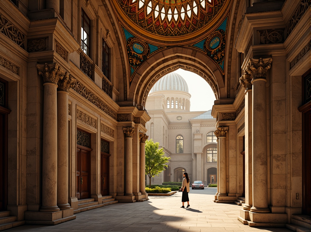 Prompt: Intricate stone carvings, ornate arches, golden domes, richly patterned mosaics, vibrant colored glass, ornamental columns, capitals adorned with acanthus leaves, grandiose entranceways, symmetrical facades, rustic stonework, weathered brick textures, warm golden lighting, soft focus, atmospheric perspective, 1/2 composition, cinematic view, high dynamic range.