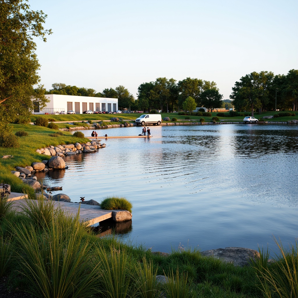 Prompt: Serene lakefront, gentle water ripples, lush greenery, mature trees, natural stone shorelines, wooden docks, rustic fencing, modern distribution center architecture, steel buildings, loading bay doors, delivery truck parking, employee picnic areas, walking trails, native plant species, riparian buffers, erosion control measures, soft warm lighting, shallow depth of field, 3/4 composition, panoramic view, realistic textures, ambient occlusion.