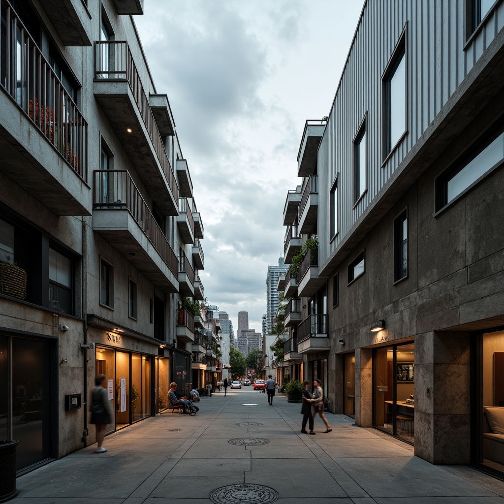 Prompt: Industrial-style buildings, galvanized steel facades, corrugated metal panels, exposed ductwork, concrete floors, reclaimed wood accents, urban cityscape, cloudy grey sky, dramatic backlighting, low-angle shot, cinematic composition, gritty realistic textures, subtle rust tones, weathered metal surfaces, brutalist architecture, functional minimalism.