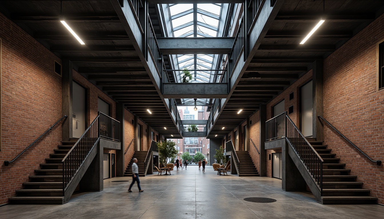 Prompt: Industrial chic Bauhaus building, exposed brick walls, metal beams, concrete floors, functional pipes, industrial lighting fixtures, minimalist decor, sleek metal staircases, urban cityscape, overcast skies, dramatic shadows, high contrast lighting, 1/1 composition, symmetrical framing, gritty textures, ambient occlusion.