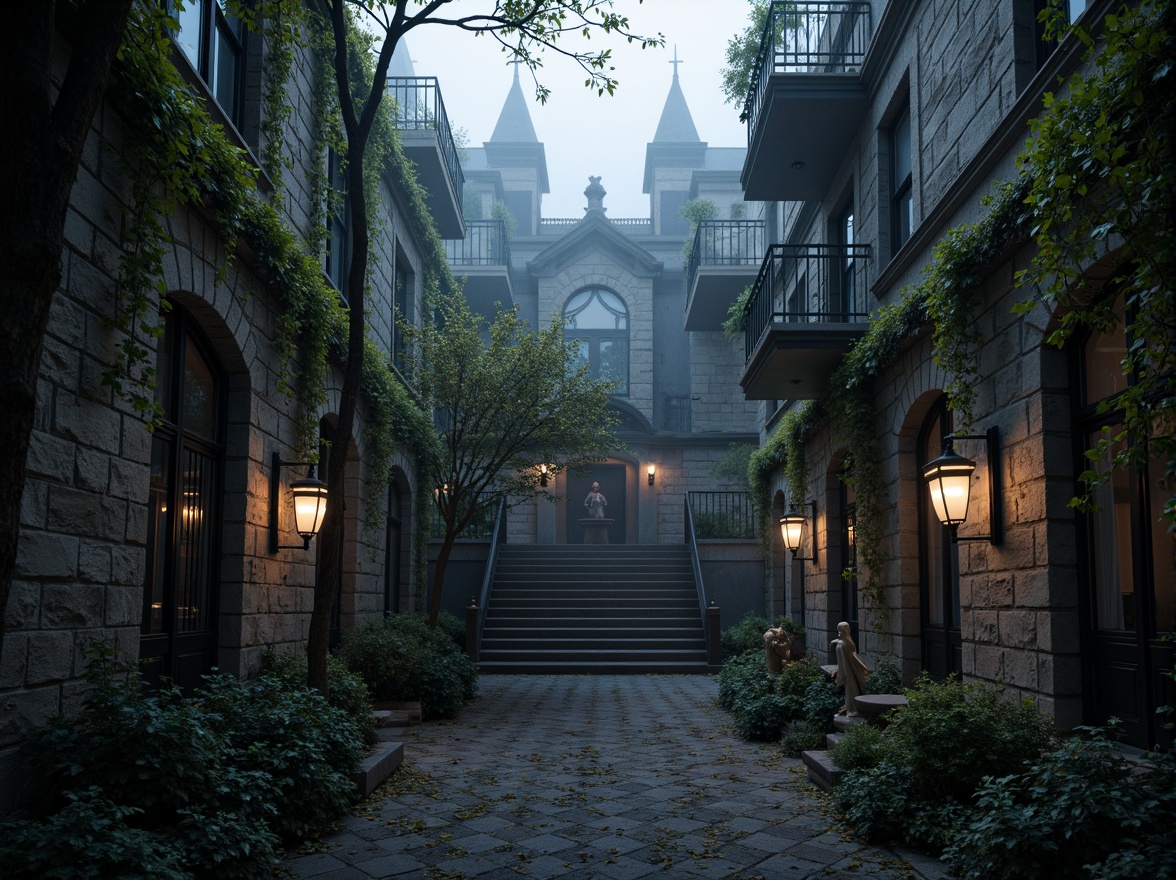 Prompt: Mysterious office courtyard, dark stone walls, overgrown ivy, twisted tree branches, lantern-style lighting, misty atmosphere, foggy mornings, eerie silence, grand entrance gates, iron fences, Gothic arches, pointed towers, ornate stonework, weathered bronze statues, moss-covered fountains, mysterious corridors, dimly lit alleys, asymmetrical composition, high contrast lighting, dramatic shadows, intricate stone carvings, mysterious ambiance.