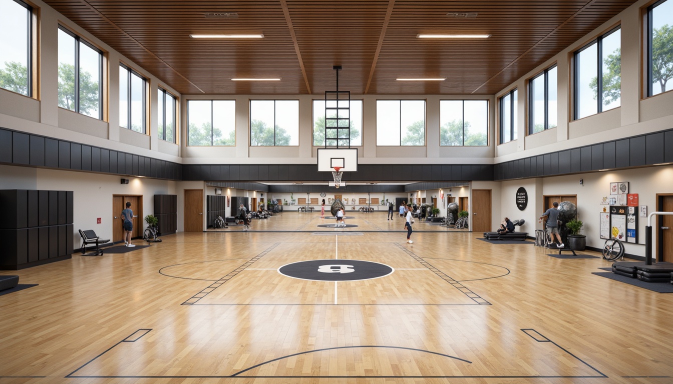 Prompt: Modern gymnasium interior, high ceilings, polished wood floors, mirrored walls, professional sports equipment, basketball hoops, volleyball nets, exercise machines, free weights, yoga mats, locker rooms, shower facilities, natural ventilation, abundant daylight, soft indirect lighting, minimalist decor, athletic-inspired color scheme, motivational quotes, athletic tracks, trophy displays, functional layout, efficient circulation paths, clear sightlines, 1/2 composition, realistic textures, ambient occlusion.