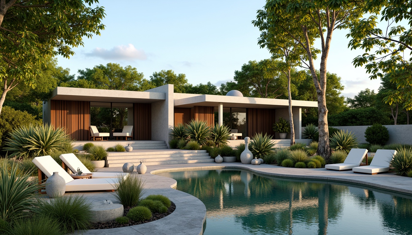 Prompt: Lush greenery, tropical plants, sleek modern architecture, minimal ornamentation, large windows, sliding glass doors, open floor plans, natural stone walls, abstract sculptures, vibrant colorful accents, geometric patterns, shallow water features, misting systems, warm sunny day, soft diffused lighting, 3/4 composition, panoramic view, realistic textures, ambient occlusion.