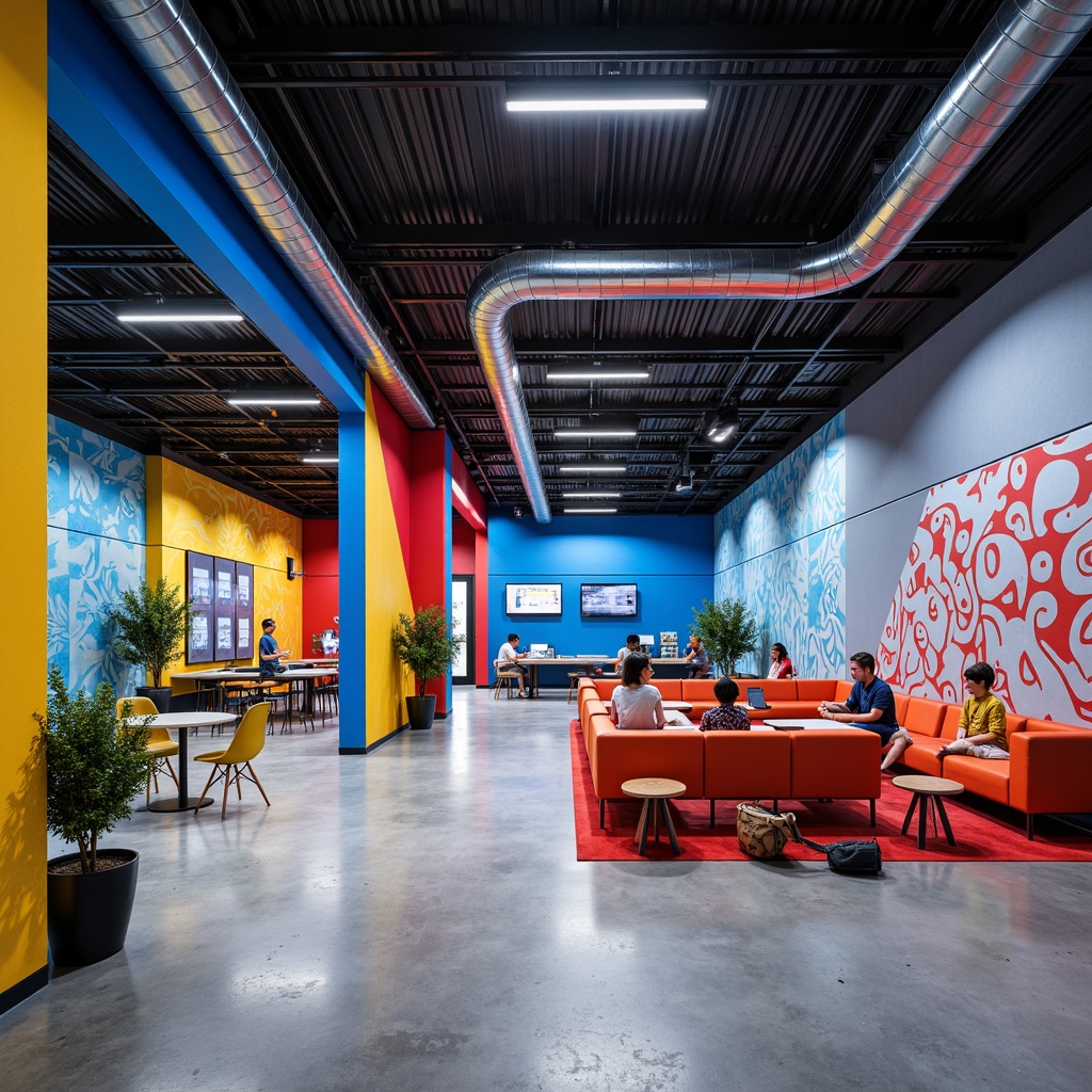 Prompt: Vibrant youth center, bold geometric shapes, bright primary colors, blue accents, yellow highlights, red details, modern industrial materials, exposed ductwork, polished concrete floors, abstract murals, urban graffiti, edgy architectural lines, open communal spaces, collaborative workstations, dynamic LED lighting, futuristic ambiance, 3/4 composition, shallow depth of field, panoramic view, realistic textures, ambient occlusion.