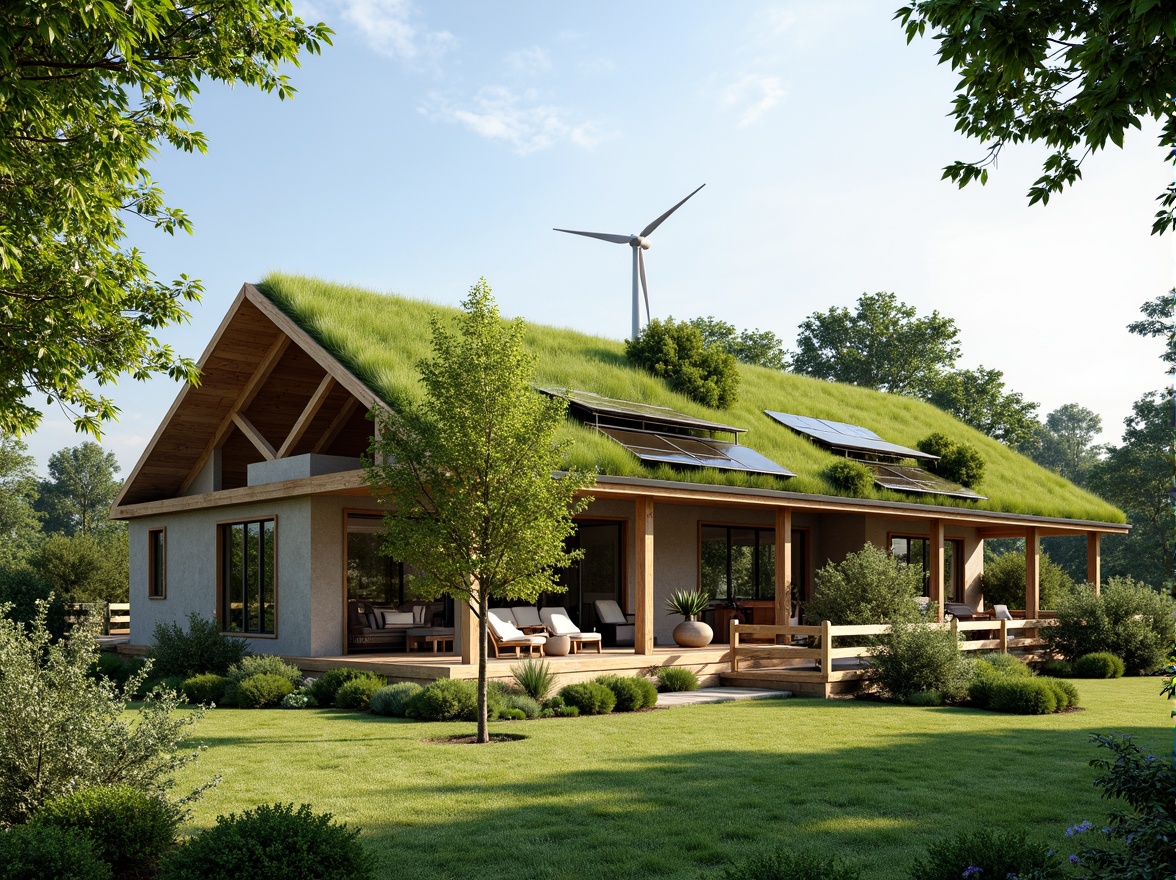 Prompt: Sustainable eco-home, lush green roof, solar panels, wind turbines, rainwater harvesting system, recycled materials, low-carbon footprint, natural ventilation, passive design, minimalist decor, reclaimed wood accents, living walls, green interior spaces, earthy color palette, organic textures, soft natural lighting, shallow depth of field, 1/1 composition, realistic rendering, ambient occlusion.