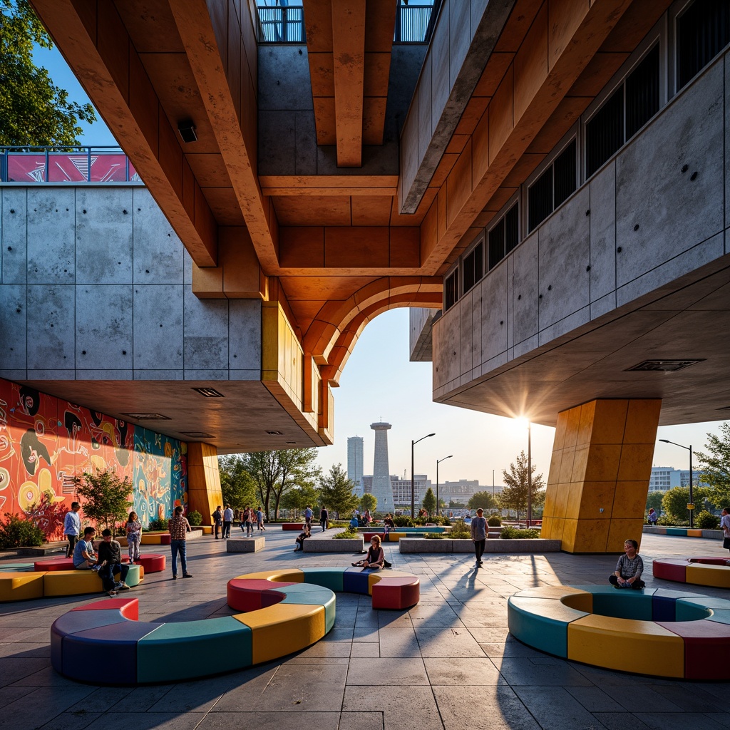 Prompt: Vibrant youth center, constructivist architecture, bold angular forms, dynamic geometries, industrial materials, exposed ductwork, metal beams, concrete walls, abstract murals, neon color schemes, urban cityscape, afternoon sunlight, high-contrast shadows, dramatic spotlights, low-angle photography, 2/3 composition, graphic overlays, distressed textures, gritty atmosphere.