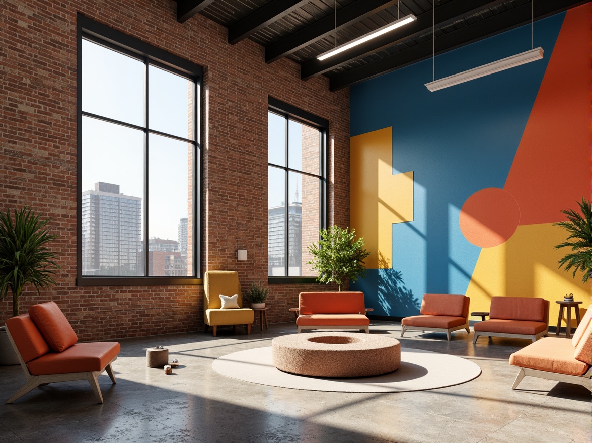 Prompt: Vibrant youth center, constructivist architecture, geometric shapes, bold color blocking, abstract patterns, industrial materials, exposed brick walls, metal beams, concrete floors, minimalist decor, urban landscape, cityscape views, sunny day, soft natural lighting, shallow depth of field, 1/2 composition, realistic textures, ambient occlusion.