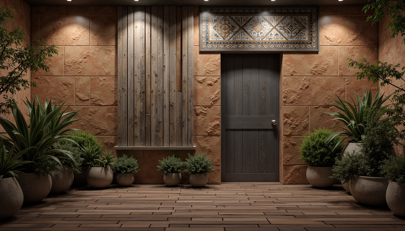 Prompt: Rustic wooden planks, distressed metal sheets, rough stone walls, ornate ceramic tiles, intricate mosaic patterns, natural earthy tones, warm ambient lighting, shallow depth of field, 3/4 composition, realistic textures, ambient occlusion.