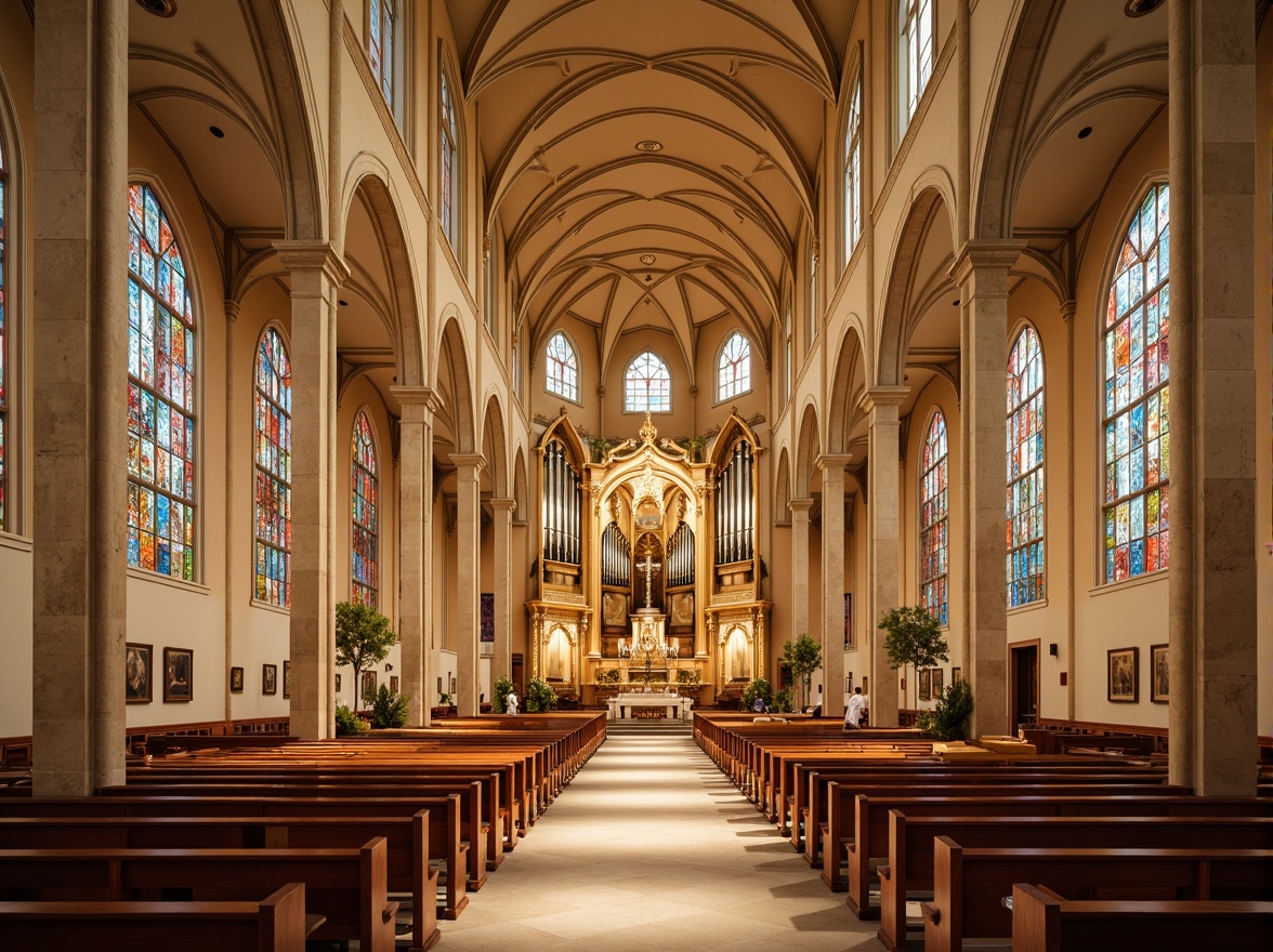 Prompt: Sacred church interior, warm golden lighting, soft beige stone walls, rich wood accents, stained glass windows, vibrant blue and red hues, calming cream-colored pews, ornate altar decorations, intricate ceiling details, serene atmosphere, peaceful ambiance, natural material textures, subtle shadows, high ceilings, grandiose architecture, elegant curves, divine inspiration.