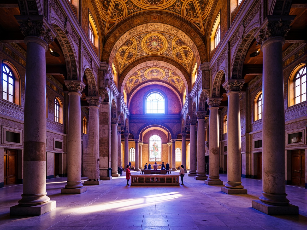 Prompt: Ancient Byzantine church, ornate arches, intricately carved marble columns, golden mosaics, vibrant purple and blue hues, intricate stone carvings, ornate capitals, grand domed roof, stained glass windows, warm soft lighting, rich textures, subtle atmospheric effects, 1/2 composition, symmetrical framing, dramatic shadows, realistic architectural details.