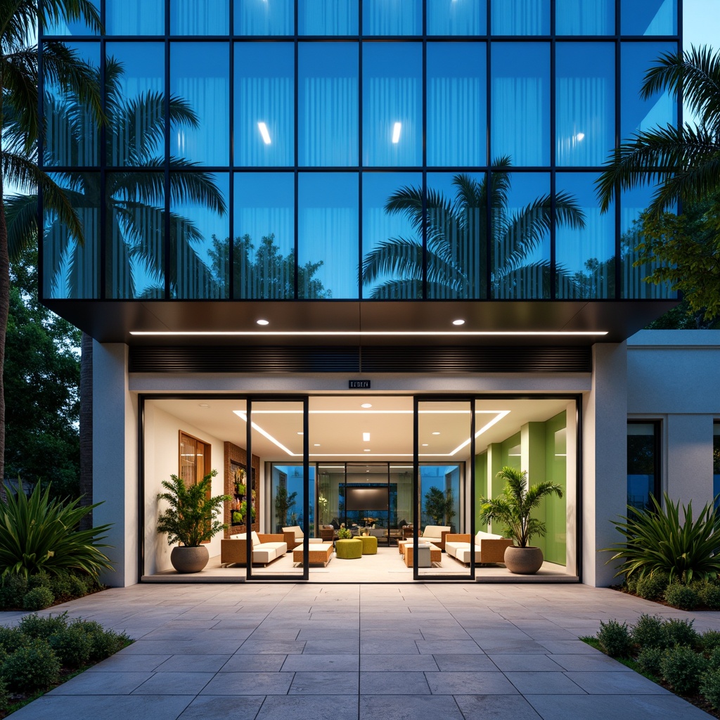 Prompt: Modern dental clinic facade, sleek glass surfaces, minimalist lines, calming blue hues, natural stone accents, subtle LED lighting, futuristic entrance design, automatic sliding doors, spacious waiting area, comfortable seating, green walls, living plants, soft warm ambiance, shallow depth of field, 3/4 composition, panoramic view, realistic textures, ambient occlusion.