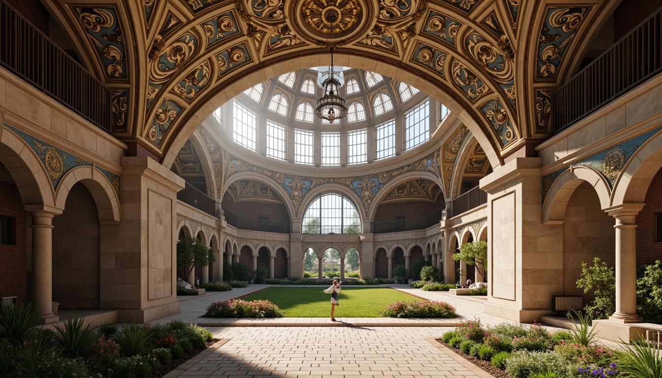 Prompt: Intricate stone carvings, ornate domes, grand archways, vibrant mosaics, golden accents, rustic brick walls, imposing columns, high ceilings, majestic chandeliers, stained glass windows, sprawling athletic fields, verdant gardens, sunny afternoon, warm soft lighting, shallow depth of field, 1/2 composition, realistic textures, ambient occlusion.