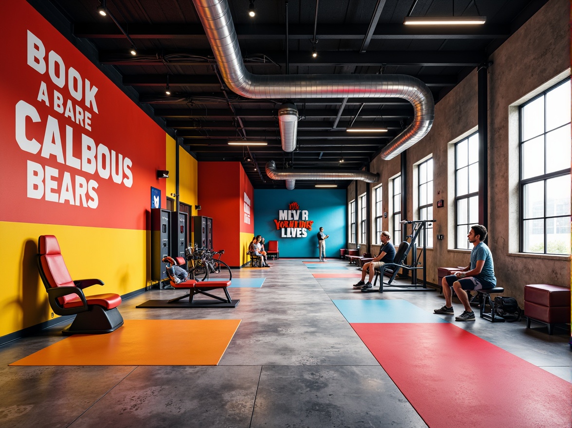 Prompt: Vibrant gym interior, bold color scheme, bright accents walls, energetic flooring patterns, motivational quotes, modern sports equipment, sleek metal beams, large windows, natural light, industrial chic architecture, exposed ductwork, concrete floors, dynamic lighting, deep shadows, high contrast ratio, 1/2 composition, realistic textures, ambient occlusion.