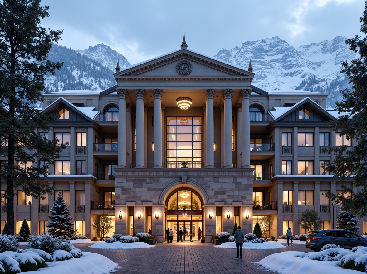 Prompt: Grandiose ski center facade, neoclassical architecture, symmetrical columns, ornate carvings, snow-capped rooflines, majestic mountain views, frosty winter mornings, warm golden lighting, shallow depth of field, 1/1 composition, dramatic low-angle shot, realistic stone textures, ambient occlusion, intricate stonework patterns, elegant archways, opulent chandeliers, rustic wooden accents, plush ski resort amenities.