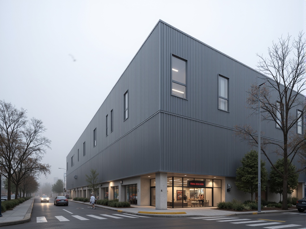 Prompt: Modern distribution center, industrial aesthetic, functional facade, ribbed metal panels, corrugated steel cladding, reinforced concrete structures, loading docks, cargo bay doors, warehouse signage, security cameras, urban landscape, busy streets, morning fog, soft diffused lighting, shallow depth of field, 2/3 composition, symmetrical architecture, minimalist design, functional materials, efficient logistics systems.