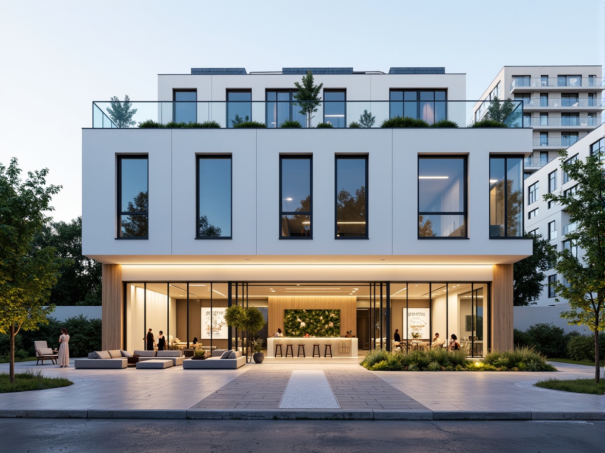 Prompt: Modern dental clinic facade, sleek glass exterior, minimalist lines, calming white walls, subtle LED lighting, gentle curves, natural stone accents, metal frames, sliding doors, open reception area, comfortable waiting lounge, green roof, solar panels, energy-efficient systems, urban cityscape, morning sunlight, shallow depth of field, 1/2 composition, realistic textures, ambient occlusion.