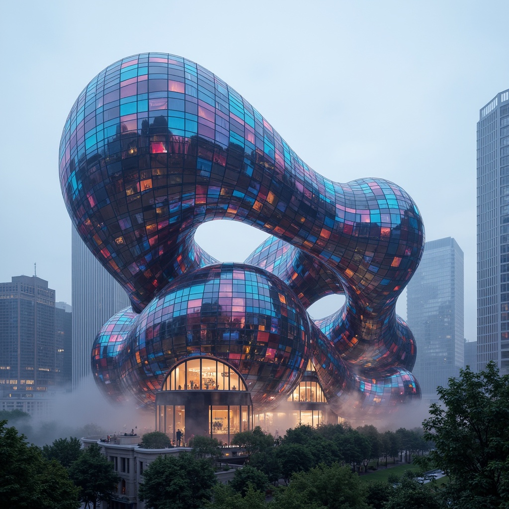 Prompt: Organic blob-shaped building, undulating curves, iridescent colors, glossy finishes, translucent membranes, futuristic architecture, parametric design, algorithmic patterns, computational geometry, 3D-printed components, cantilevered structures, dynamic lighting systems, LED installations, misty atmosphere, shallow depth of field, 1/1 composition, wide-angle lens, cinematic rendering, high-contrast textures.