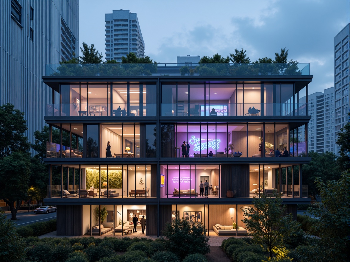 Prompt: Futuristic student halls, angular metallic fa\u00e7ades, neon-lit windows, sleek glass balconies, cantilevered roofs, vibrant LED lighting, urban cityscape, evening ambiance, misty atmosphere, shallow depth of field, 1/1 composition, panoramic view, realistic reflections, ambient occlusion, minimalist interior design, modern furniture, smart home technology, eco-friendly materials, innovative air purification systems, green walls, futuristic sculptures, holographic advertisements, virtual reality interfaces.