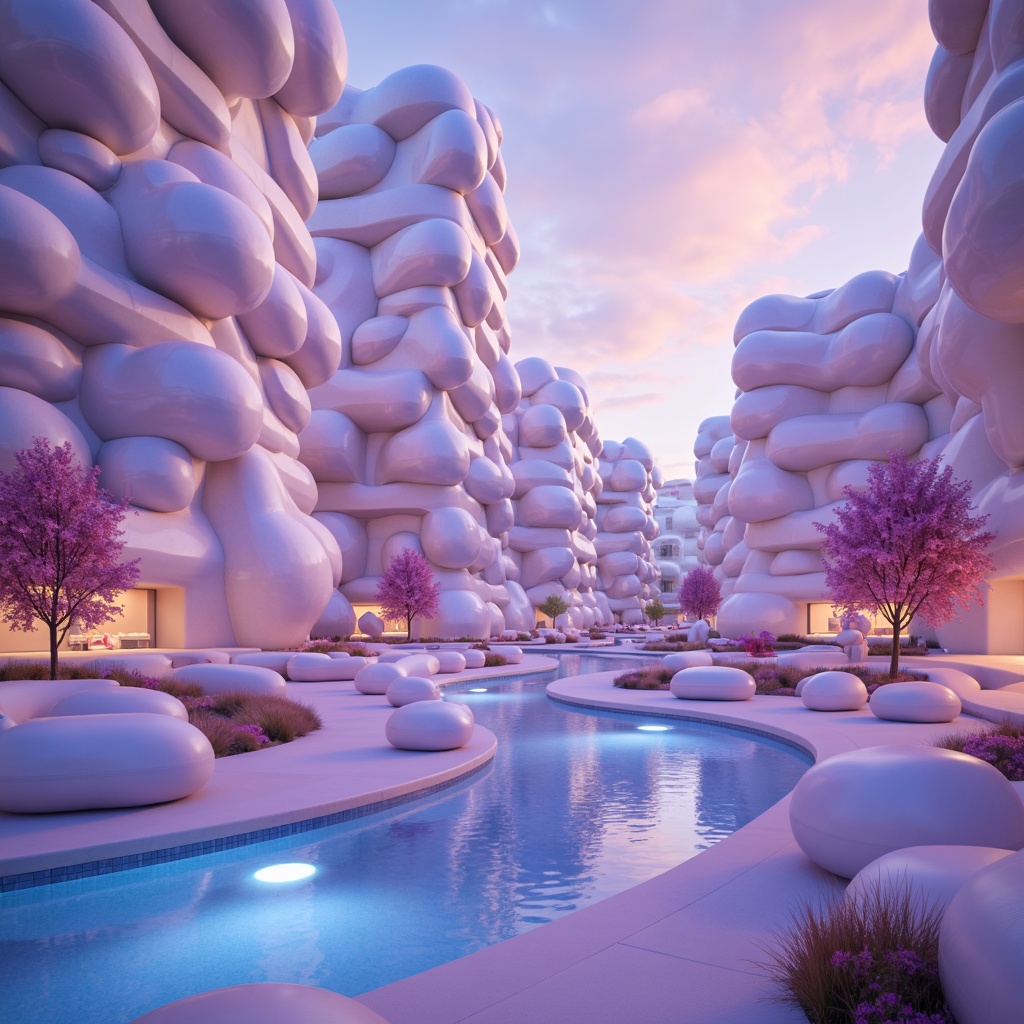 Prompt: Vibrant blob-like structures, iridescent hues, shimmering metallic surfaces, pastel colors, soft neon lights, glowing accents, futuristic ambiance, sleek curved lines, minimalist design, surreal landscapes, low-poly environments, dreamy atmosphere, warm ambient lighting, cinematic mood, 3/4 composition, shallow depth of field, realistic reflections.