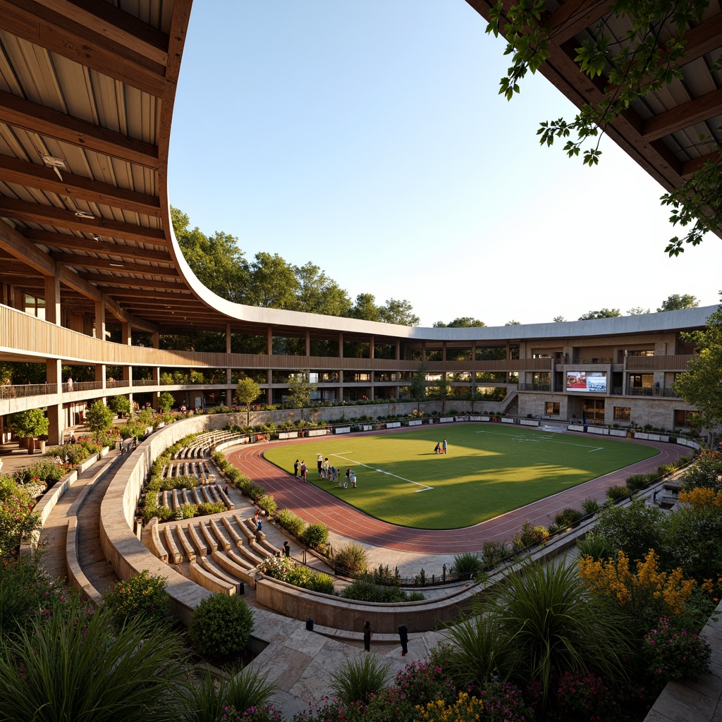 Prompt: Rustic stadium structure, natural stone fa\u00e7ade, earthy tones, wooden beams, corrugated metal roofs, curved lines, organic shapes, lush greenery, vibrant flowers, sports field, athletic tracks, spectator seating, scoreboard displays, floodlighting, warm golden lighting, shallow depth of field, 1/1 composition, realistic textures, ambient occlusion, cultural heritage influences, local craftsmanship, artisanal details, traditional building techniques.