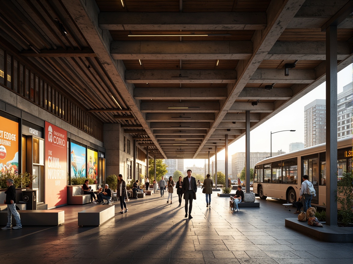 Prompt: Rustic bus station, exposed concrete structures, industrial metal beams, wooden accents, natural stone flooring, large glass windows, vibrant urban murals, dynamic LED lighting, futuristic digital displays, sleek stainless steel benches, modern minimalist design, efficient passenger flow, busy urban atmosphere, morning commute rush, warm golden lighting, shallow depth of field, 2/3 composition, cinematic camera angles, realistic textures, ambient occlusion.