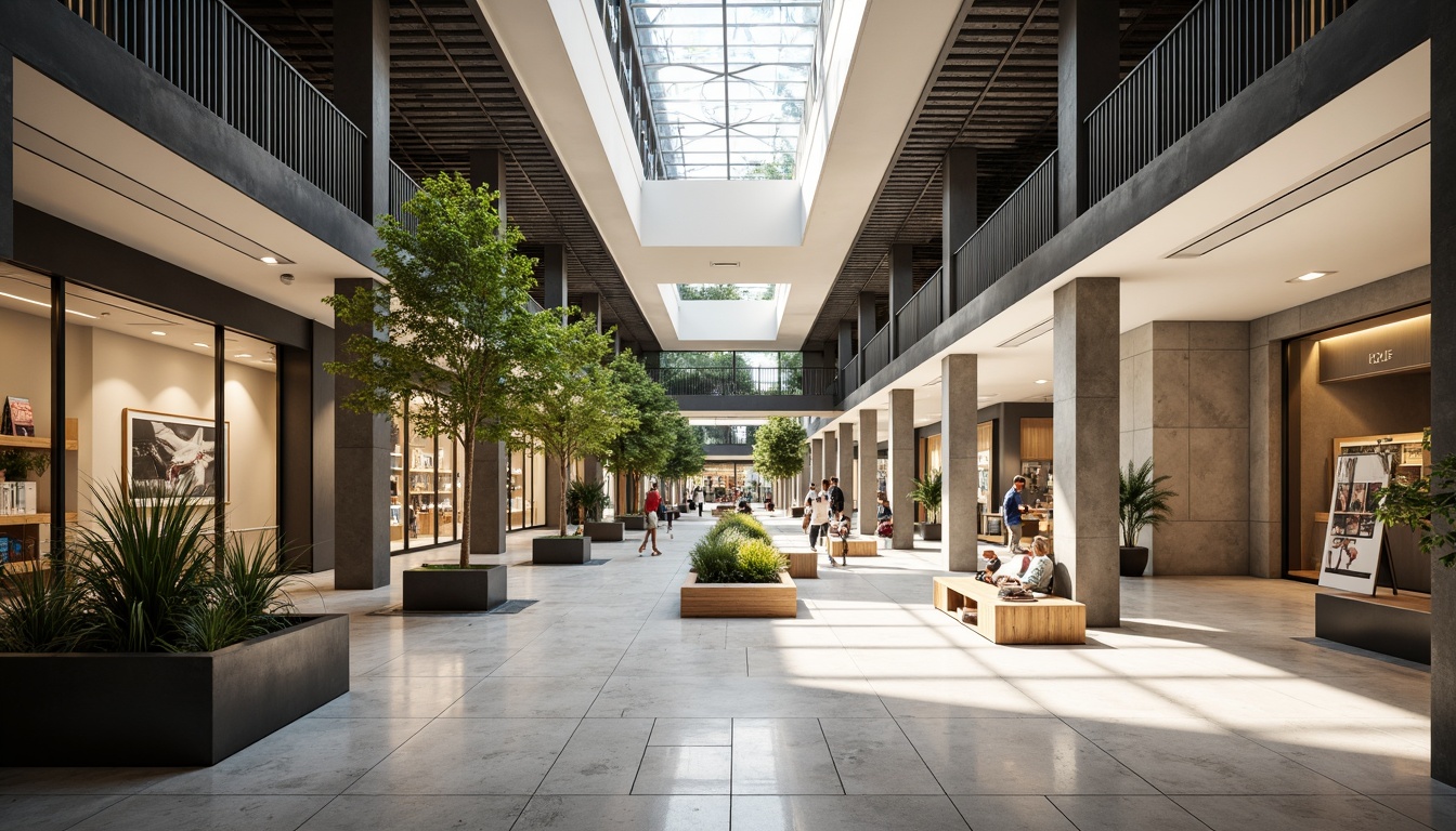 Prompt: Minimalist shopping center, open atrium, natural light, industrial chic decor, exposed ductwork, polished concrete floors, sleek metal railings, geometric patterned tiles, modernist architecture, functional simplicity, airy atmosphere, abundant greenery, potted plants, wooden benches, minimalist product displays, monochromatic color scheme, soft warm lighting, shallow depth of field, 1/1 composition, realistic textures, ambient occlusion.