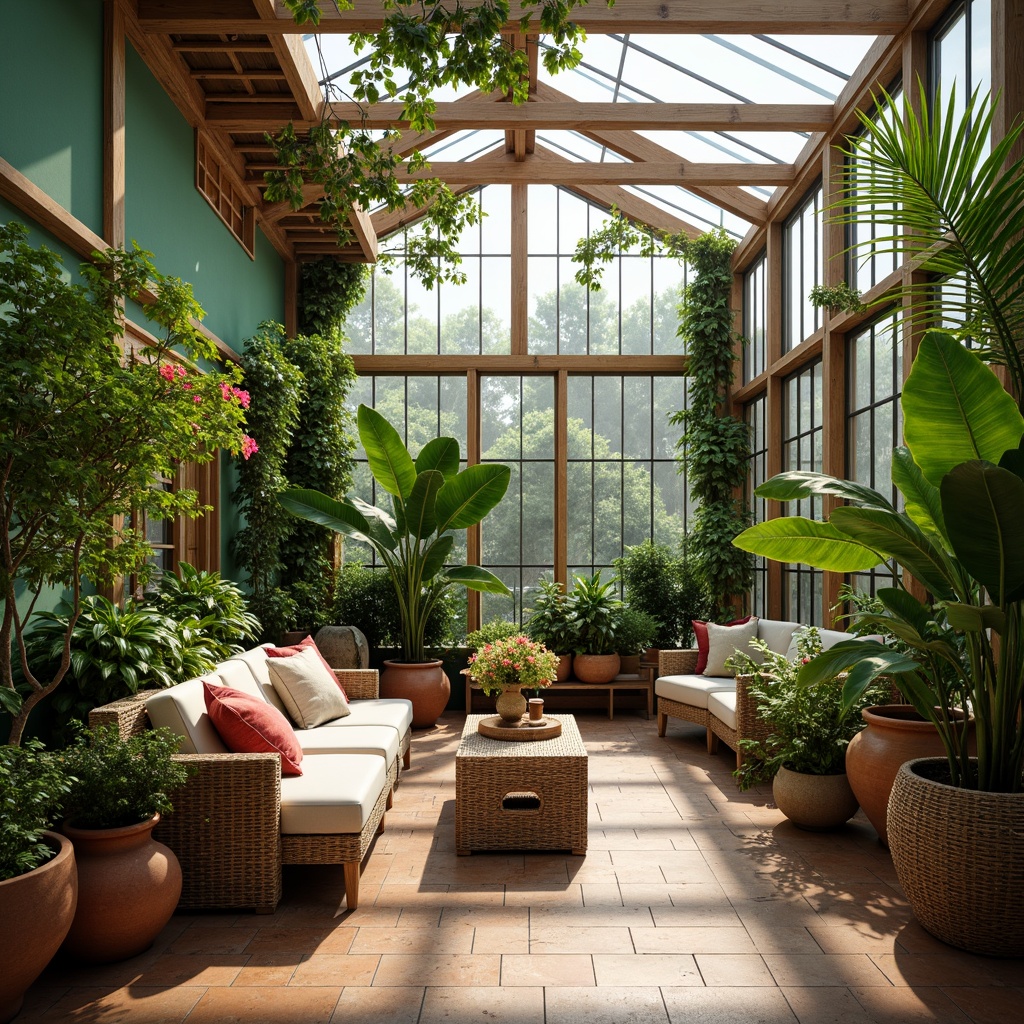 Prompt: Vibrant greenhouse interior, lush tropical plants, exotic flowers, wooden trellises, natural stone flooring, glass roof, warm sunny light, misty atmosphere, humid climate, lush green walls, colorful ceramic pots, woven wicker furniture, earthy terracotta tones, soft pastel shades, monstera deliciosa leaves, fiddle leaf fig trees, philodendron vines, rattan decor, natural textiles, organic shapes, whimsical patterns, airy feel, relaxed ambiance, 1/2 composition, warm color temperature, high contrast lighting, realistic plant textures.