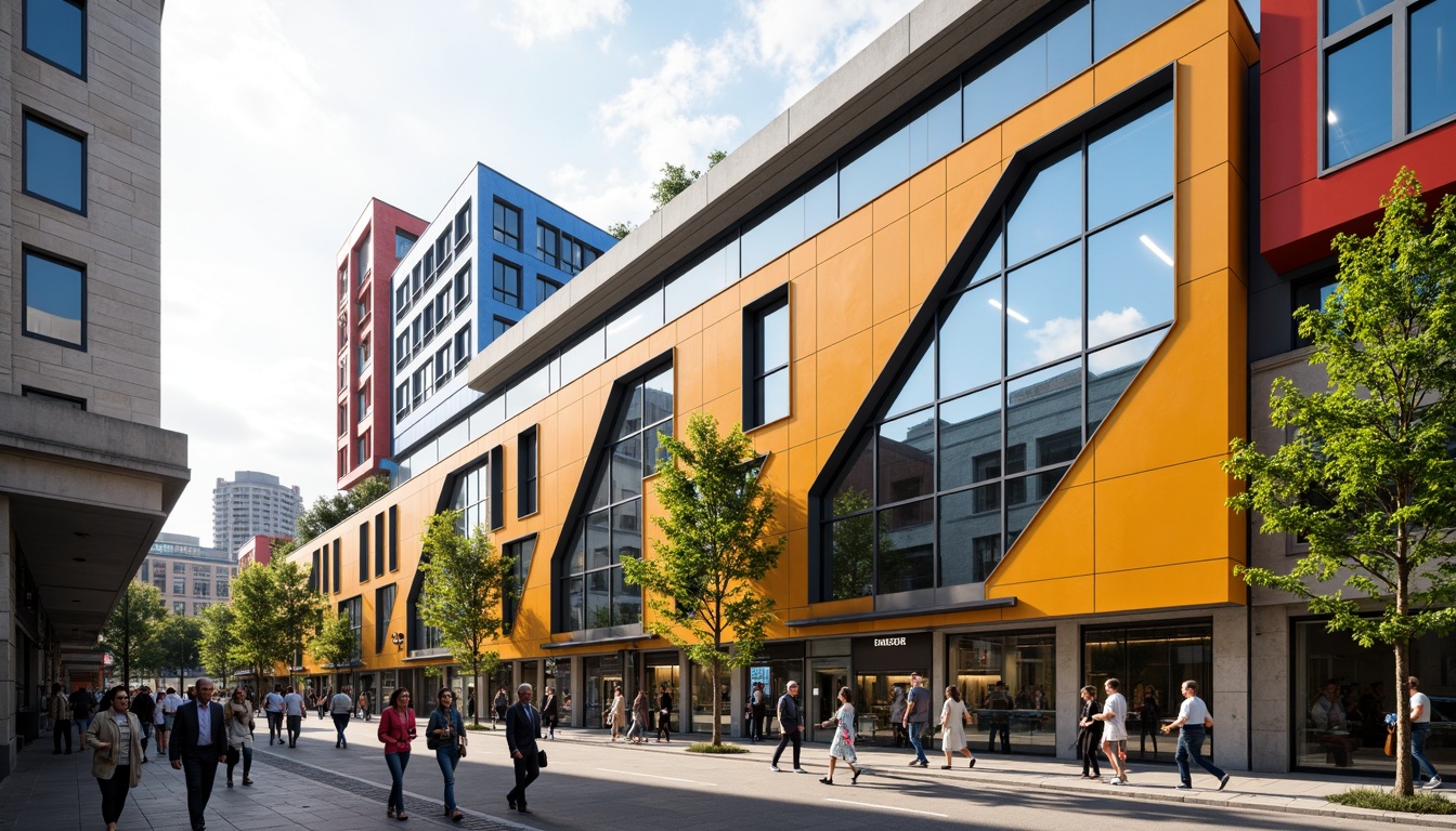 Prompt: Vibrant youth center, bold constructivist architecture, abstract geometric shapes, dynamic diagonal lines, industrial materials, exposed ductwork, concrete walls, metal beams, large windows, transparent glass facades, playful color blocking, urban cityscape, bustling streets, morning sunlight, soft warm lighting, 1/1 composition, realistic textures, ambient occlusion.