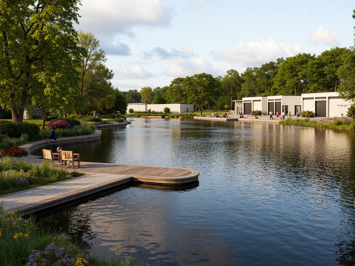 Prompt: Serene lakefront, lush greenery, rippling water reflections, rustic wooden docks, modern distribution center buildings, industrial metal structures, loading bay doors, cargo containers, vibrant flowers, native aquatic plants, natural stone pathways, weathered wood benches, tranquil atmosphere, soft warm lighting, shallow depth of field, 3/4 composition, panoramic view, realistic textures, ambient occlusion.