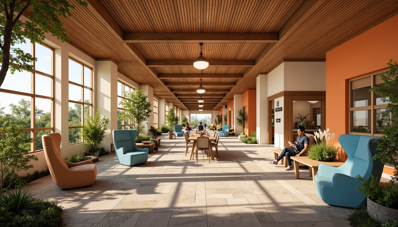 Prompt: Vibrant community center, warm beige walls, rich wood accents, energetic orange hues, calming blue tones, lush greenery, natural stone floors, modern architectural design, abundant natural light, soft warm lighting, shallow depth of field, 3/4 composition, panoramic view, realistic textures, ambient occlusion.