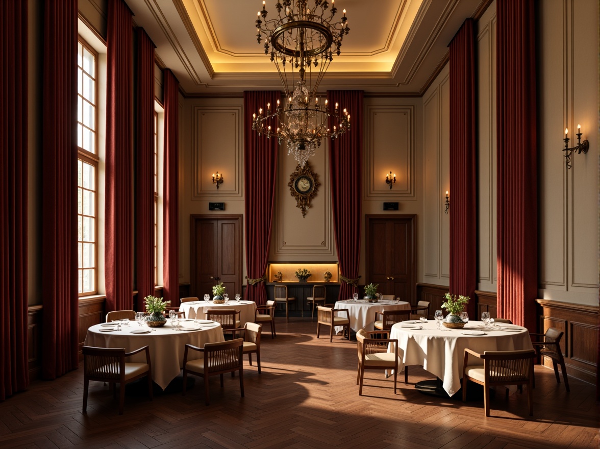 Prompt: Elegant dining hall, luxurious velvet drapes, rich wooden flooring, ornate chandeliers, soft warm lighting, intimate ambiance, earthy brown tones, deep red accents, golden metallic highlights, cream-colored walls, refined minimalist decor, subtle texture contrasts, sophisticated color harmony, atmospheric mood lighting, 3/4 composition, realistic renderings.