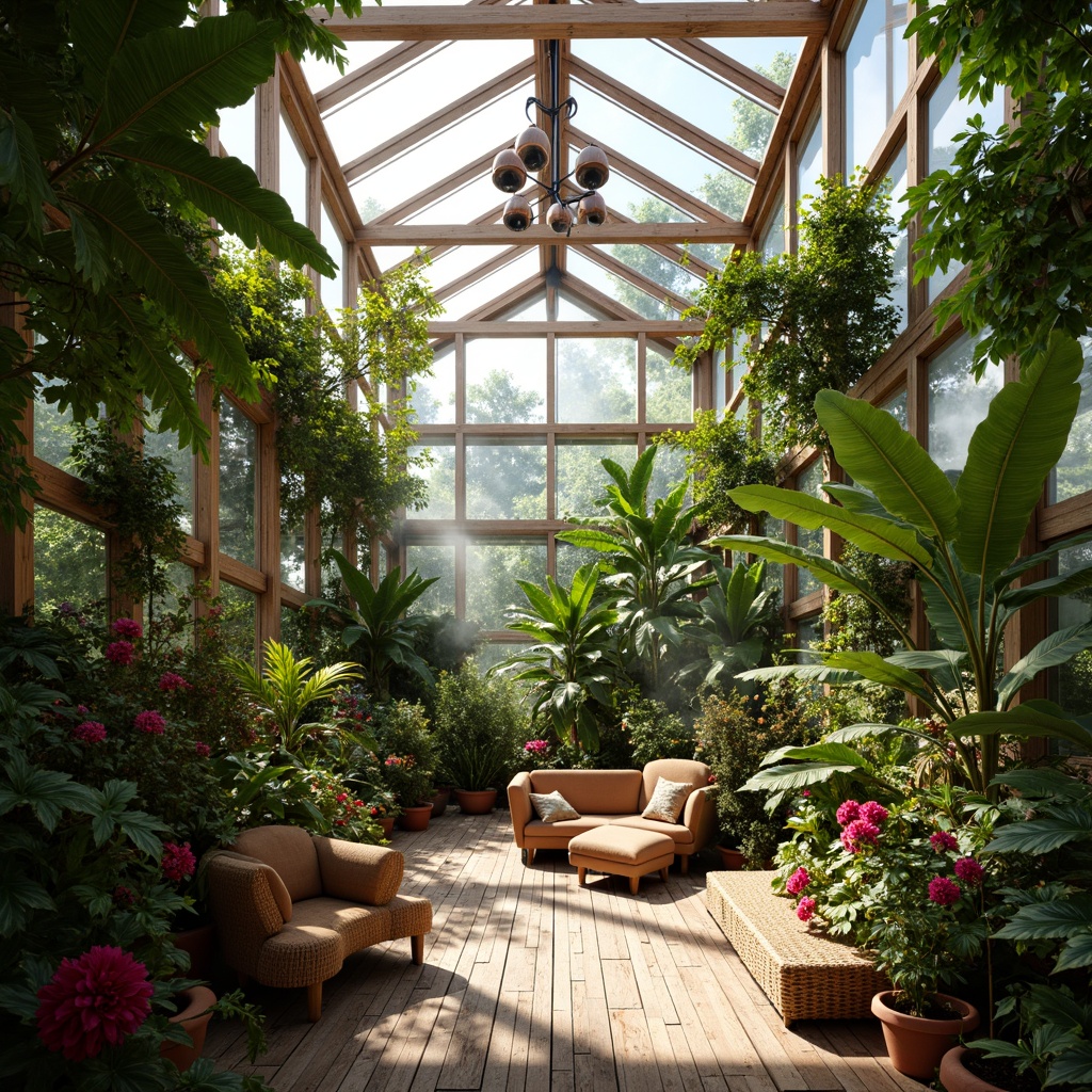 Prompt: Vibrant greenhouse interior, lush tropical plants, bright natural light, warm wooden accents, misty atmosphere, exotic flowers, terracotta pots, woven rattan furniture, soft ambient lighting, 1/1 composition, intimate focus, shallow depth of field, realistic textures, ambient occlusion.