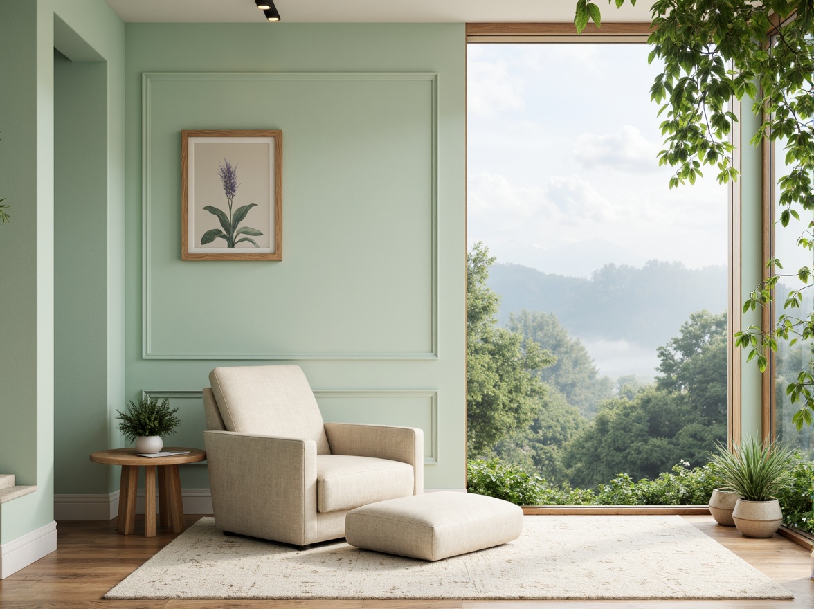 Prompt: Soft mint walls, creamy whites, warm beige accents, pale lavender hues, calming blue tones, natural wood textures, subtle gold metallic details, lush greenery, serene landscape views, misty morning lighting, shallow depth of field, 3/4 composition, realistic rendering, ambient occlusion.