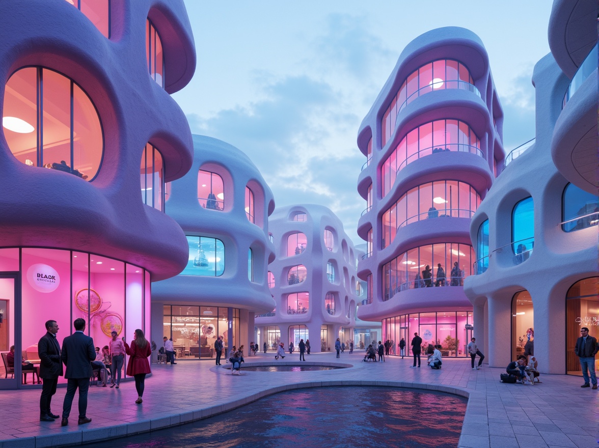 Prompt: Vibrant blob-shaped buildings, iridescent colors, neon hues, glowing accents, futuristic architecture, curved lines, rounded forms, playful structures, whimsical designs, pastel shades, soft gradients, luminous effects, dreamy ambiance, surreal landscapes, cloudy skies, misty atmospheres, ethereal lighting, shallow depth of field, 1/2 composition, wide-angle lens, cinematic view, stylized textures, atmospheric scattering.