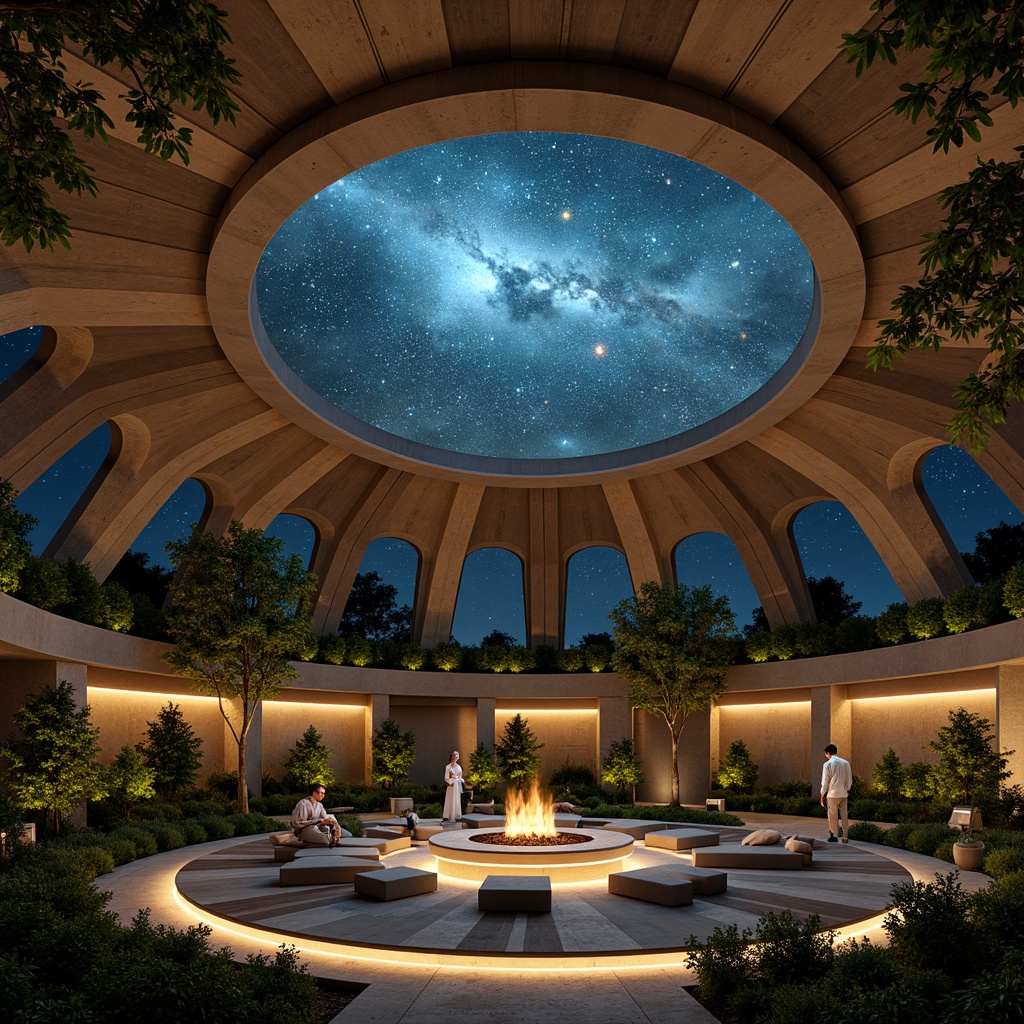 Prompt: Celestial planetarium dome, organic curves, natural stone walls, living green roof, lush vegetation, soft diffused lighting, warm ambiance, starry night sky projection, constellation patterns, circular seating arrangement, wooden accents, earthy tones, minimal ornamentation, spherical architecture, geodesic structure, ambient soundscape, subtle color grading, cinematic atmosphere, shallow depth of field, 1/1 composition, realistic textures, ambient occlusion.