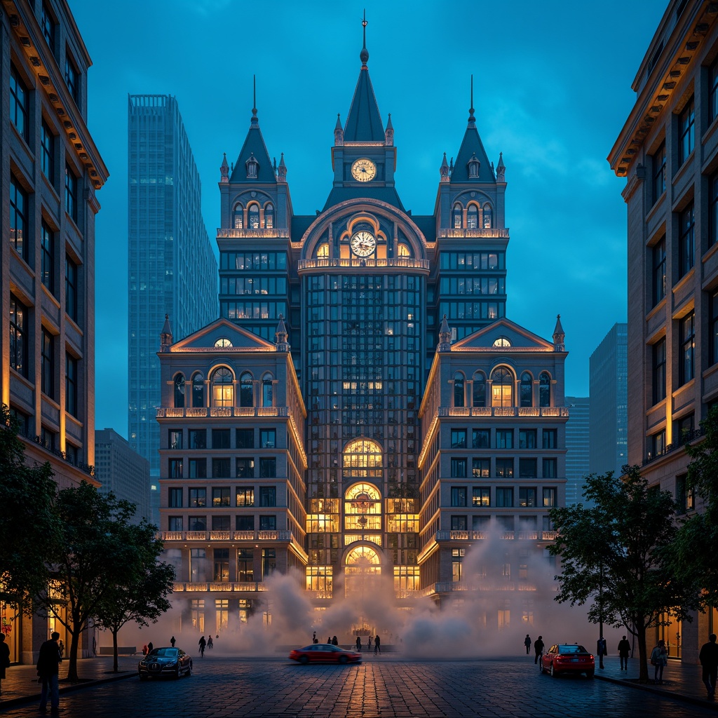 Prompt: Majestic buildings, grandiose structures, Prussian blue fa\u00e7ades, ornate details, gilded accents, luxurious materials, intricate patterns, Baroque-inspired designs, symmetrical compositions, dramatic lighting, mysterious ambiance, atmospheric mist, 1/1 aspect ratio, realistic reflections, cinematic depth of field.