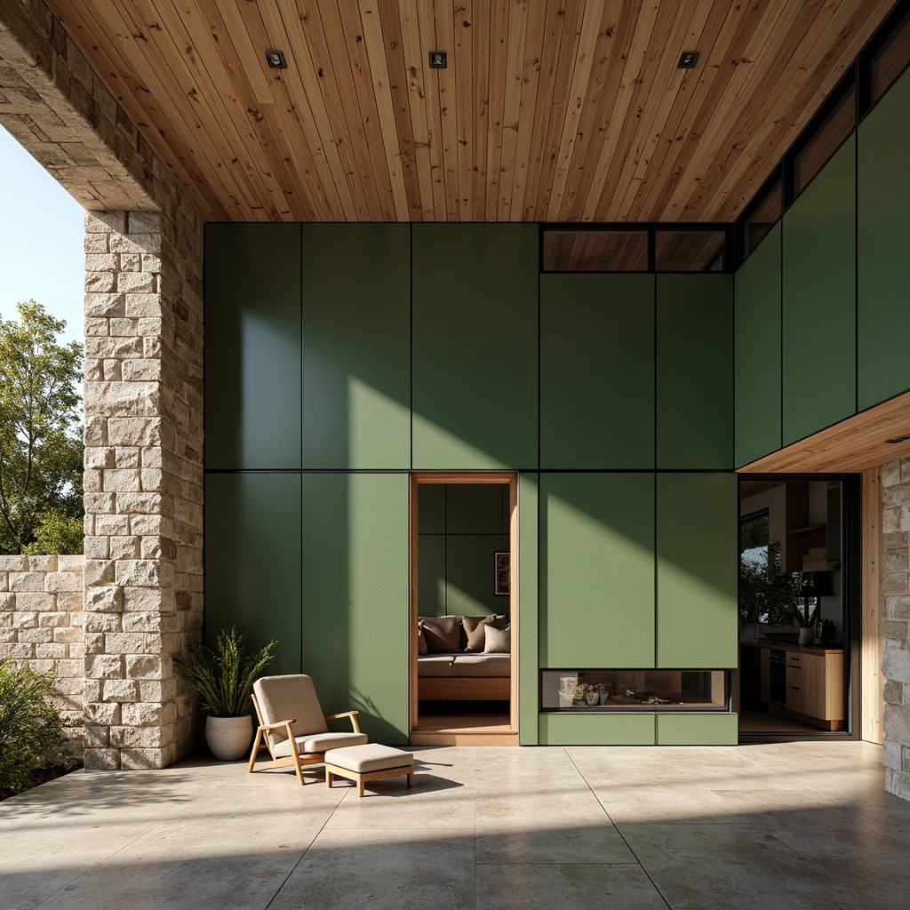 Prompt: Rustic stone fa\u00e7ade, smooth wooden accents, matte metal panels, glossy glass windows, rough concrete textures, vibrant green walls, modern minimalist buildings, open floor plans, high ceilings, natural light pouring in, warm cozy atmosphere, soft shadows, 1/1 composition, dramatic lighting contrasts, realistic material renderings, ambient occlusion.Please let me know if this meets your requirements!