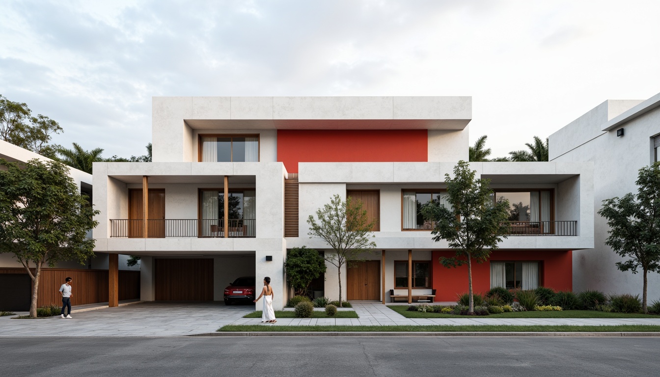 Prompt: Minimalist Bauhaus homes, clean lines, rectangular forms, industrial materials, monochromatic color scheme, bold primary colors, contrasting textures, raw concrete walls, steel windows, wooden accents, functional simplicity, natural light, airy atmosphere, urban surroundings, modern cityscape, cloudy sky, soft diffused lighting, shallow depth of field, 2/3 composition, realistic renderings, ambient occlusion.